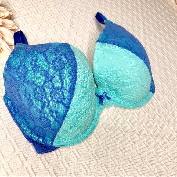Victoria Secret Green Blue Lace Lined Perfect Coverage Bra 32DD - Picture 3 of 8
